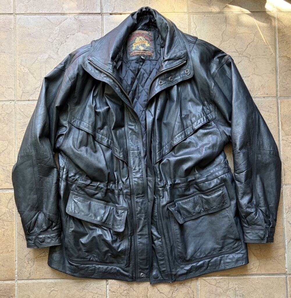 Vintage 90s World Alliance Black Leather Jacket XL Utility Field Coat Quilted